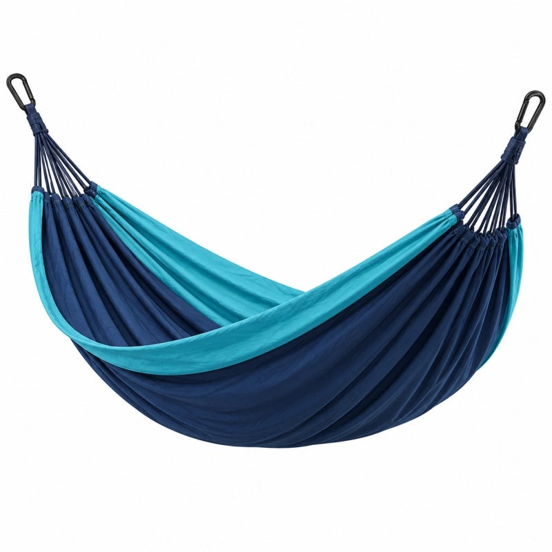Amaca 270 x 150 cm in tessuto sintetico blu navy e turchese con moschettoni per giardino e campeggio