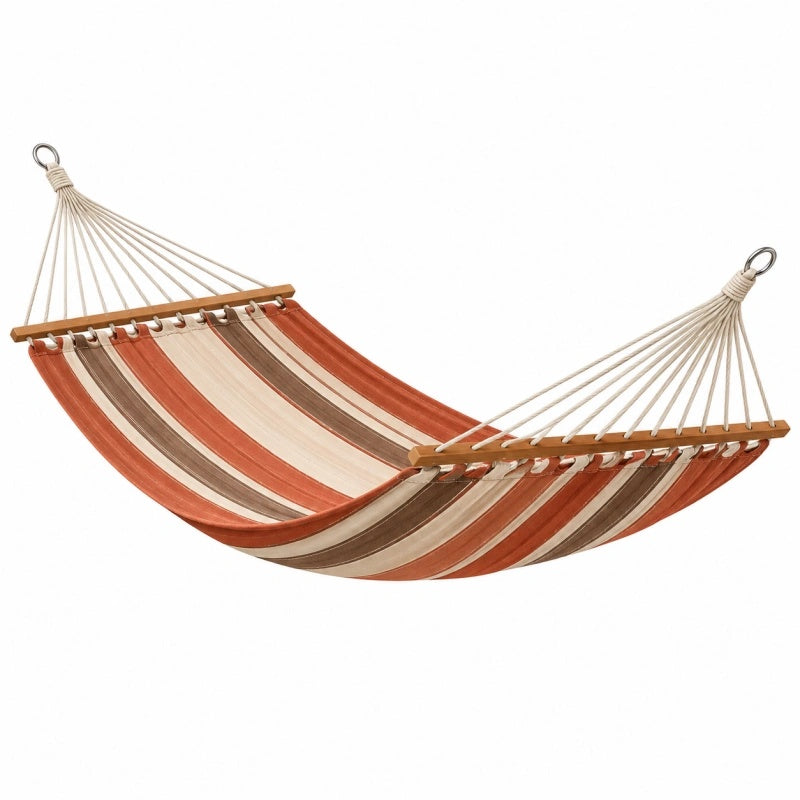 Amaca 200 x 150 cm in tessuto a righe terracotta beige e marrone con barre in legno