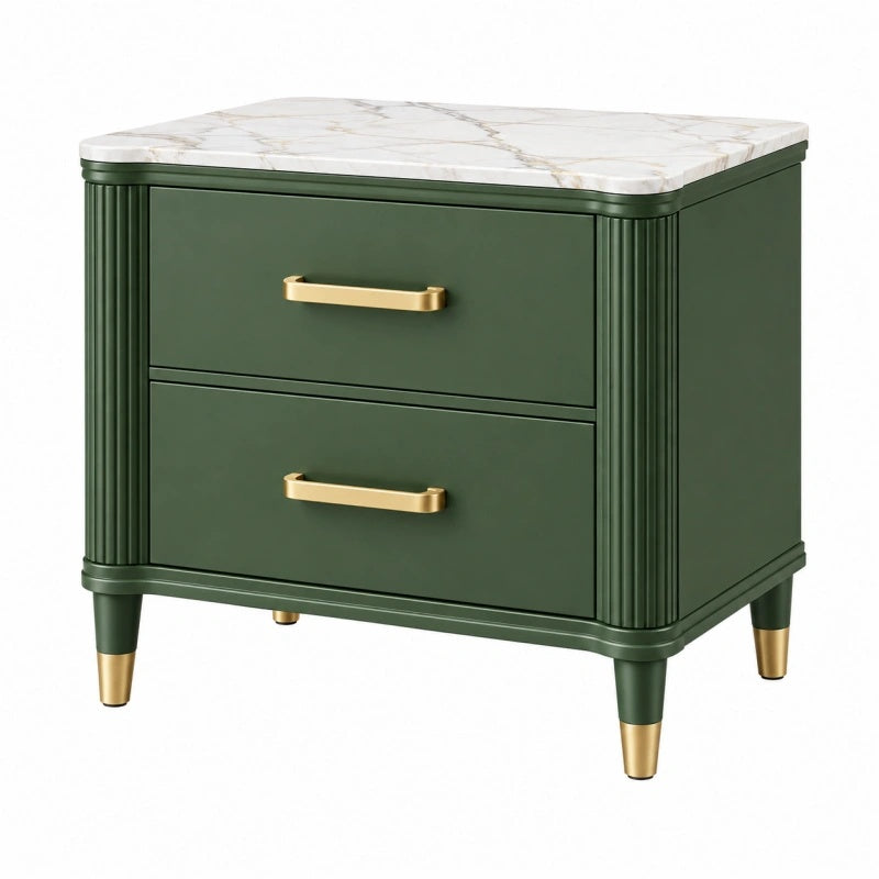 Comodino 50x40x55 cm verde scuro in legno ingegnerizzato con piano effetto marmo stile classico due cassetti