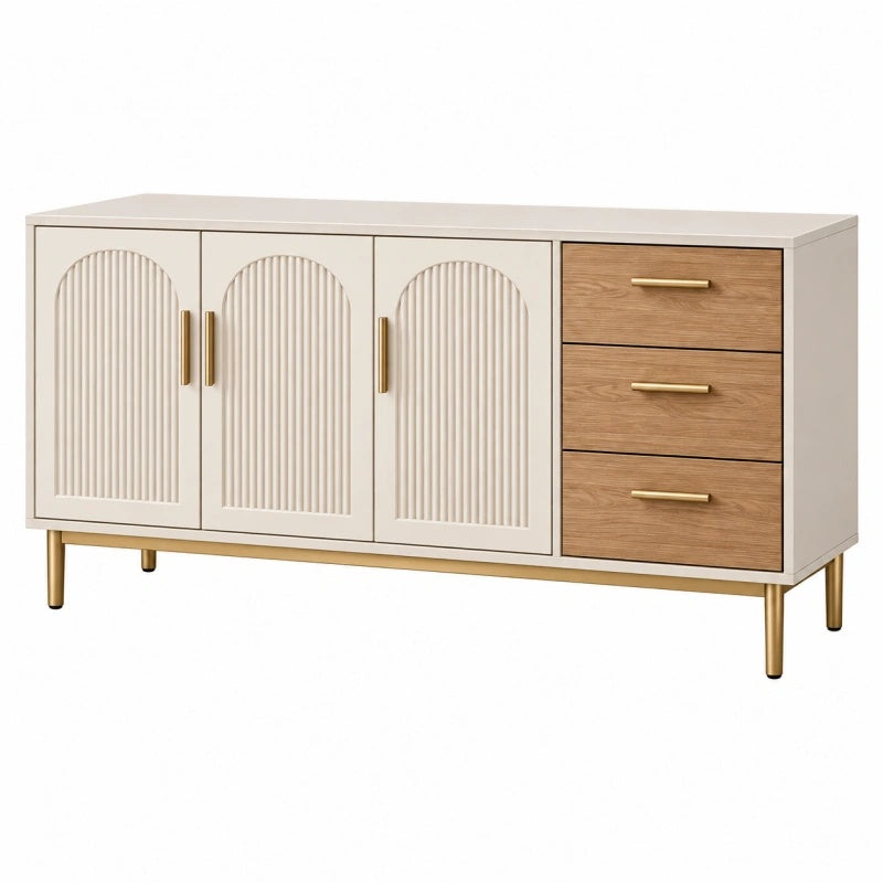 Credenza 160 x 40 x 85 cm in legno ingegnerizzato bianco e naturale con cassetti stile moderno