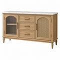 Credenza 150 x 45 x 90 cm in legno naturale con piano effetto marmo e ante in rattan stile vintage
