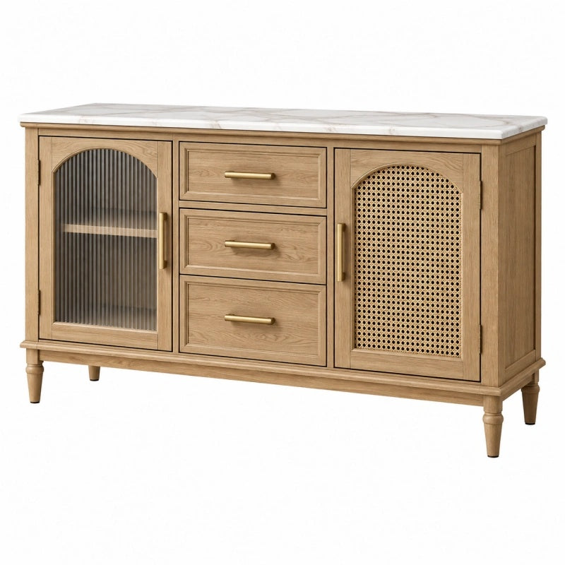 Credenza 150 x 45 x 90 cm in legno naturale con piano effetto marmo e ante in rattan stile vintage