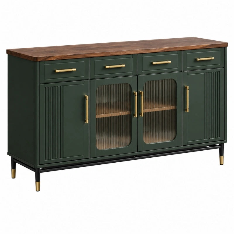 Credenza 160 x 40 x 90 cm verde scuro con piano effetto legno e ante in vetro rigato