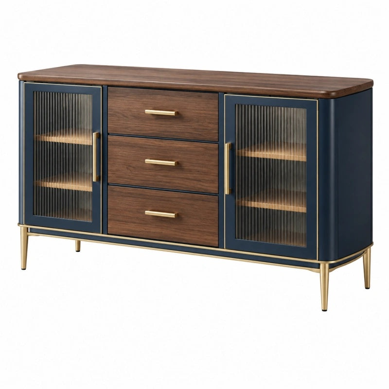Credenza 160 x 40 x 85 cm in legno marrone e blu con vetro scanalato stile moderno