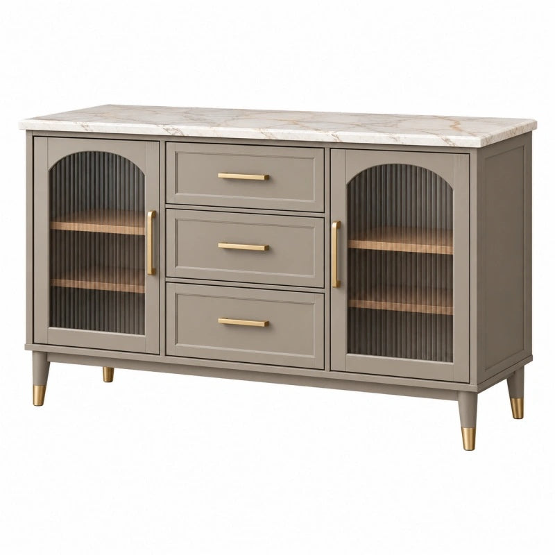 Credenza 140 x 40 x 85 cm in legno grigio tortora con piano effetto marmo e ante in vetro rigato