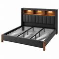 Letto matrimoniale 160 x 200 cm in metallo e legno nero/marrone con testiera imbottita e ripiani illuminati