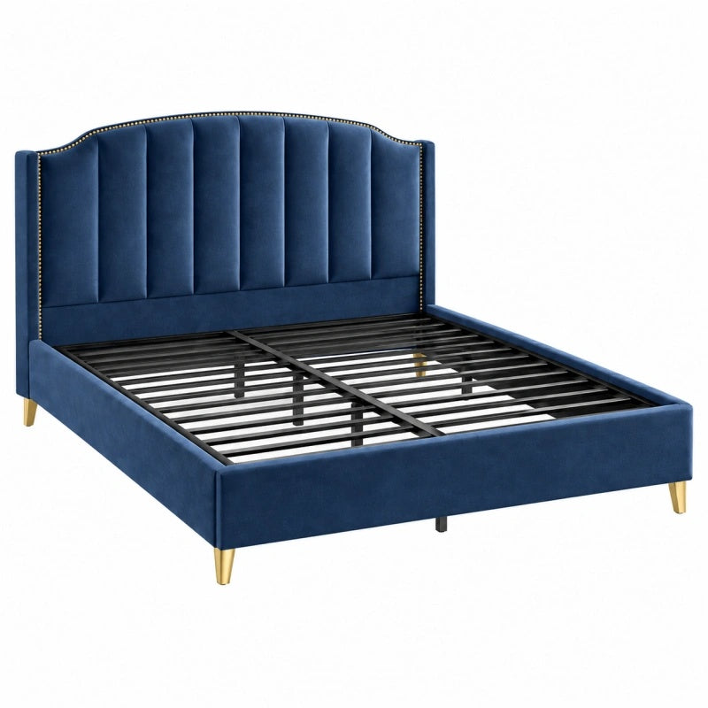 Letto matrimoniale 160 x 200 cm in velluto blu con rete a doghe e testiera capitonné