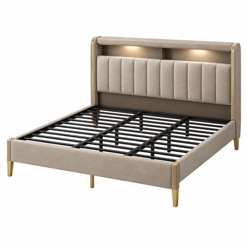 Letto matrimoniale imbottito 160x200 cm in tessuto beige con rete metallica e luce integrata