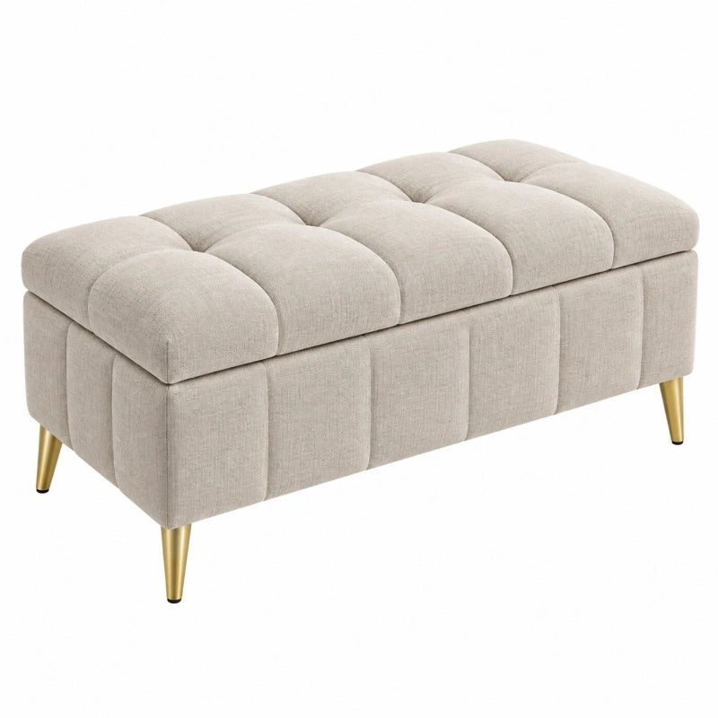 Panca contenitore 120 x 45 x 45 cm in tessuto beige con gambe dorate - seduta imbottita moderna