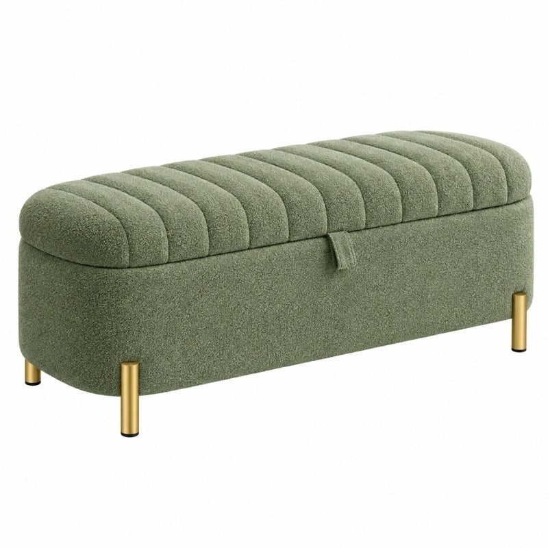 Panca contenitore 110 x 45 x 48 cm in tessuto bouclé verde con gambe in metallo dorato - stile moderno