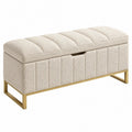 Panca contenitore 100 x 40 x 45 cm in tessuto bouclé beige con struttura in metallo dorato - imbottita per ingresso e camera