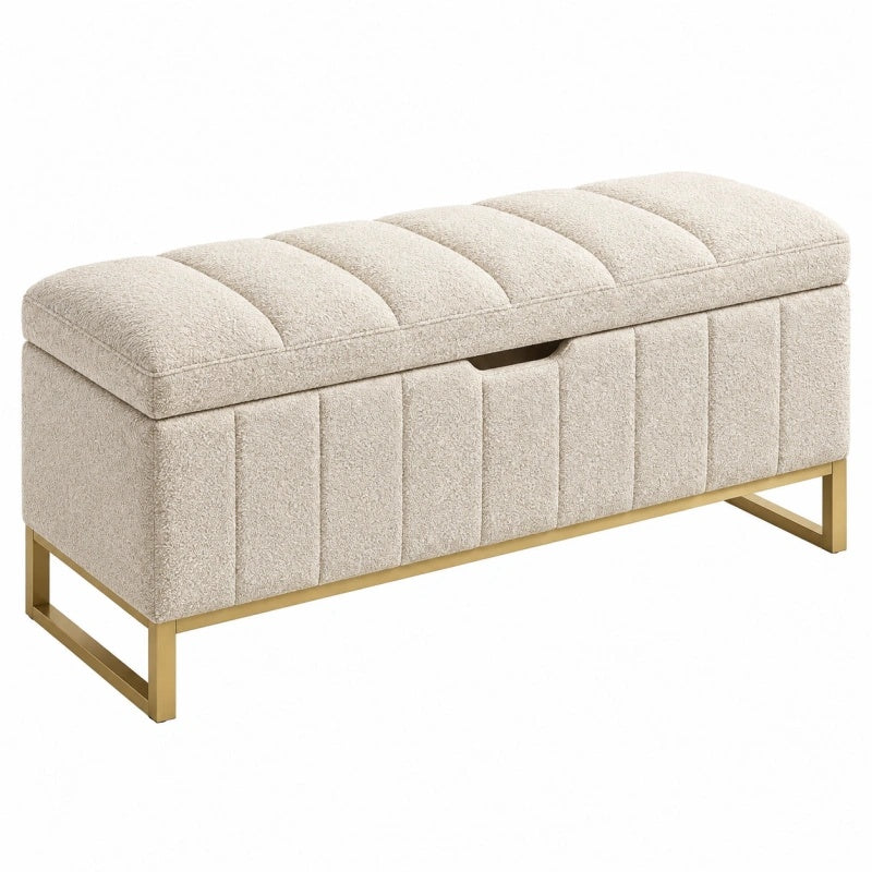 Panca contenitore 100 x 40 x 45 cm in tessuto bouclé beige con struttura in metallo dorato - imbottita per ingresso e camera