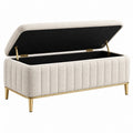 Panca contenitore 100 x 40 x 45 cm in tessuto bouclé beige con gambe in metallo dorato - imbottita con coperchio sollevabile