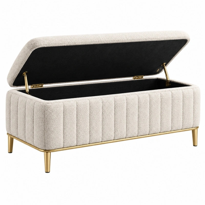 Panca contenitore 100 x 40 x 45 cm in tessuto bouclé beige con gambe in metallo dorato - imbottita con coperchio sollevabile