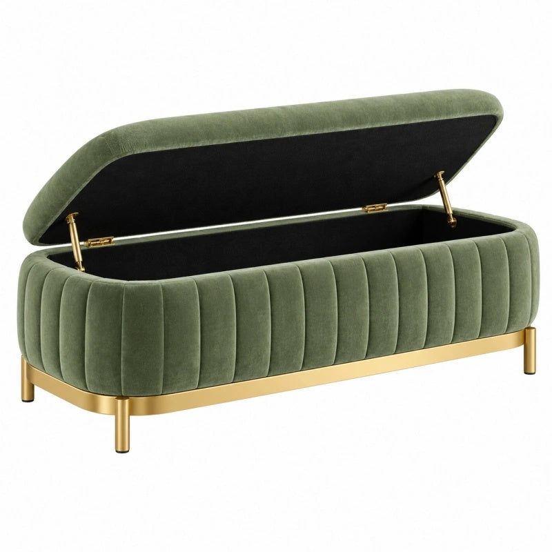 Panca contenitore 120 cm in velluto verde con gambe dorate stile moderno
