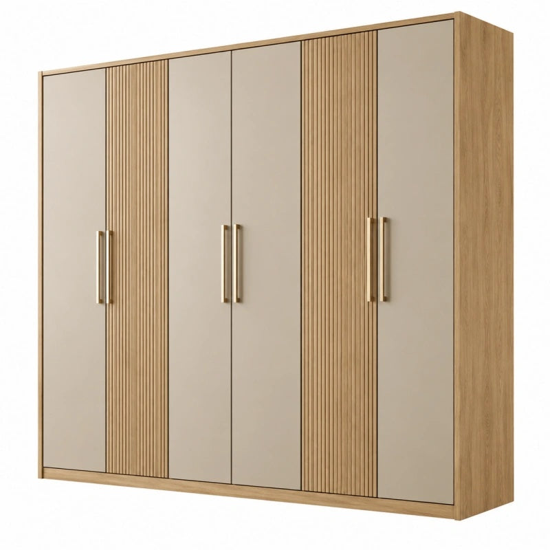 Armadio 240 x 60 x 220 cm in legno ingegnerizzato beige e rovere naturale a 6 ante