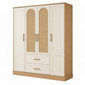 Armadio guardaroba 160 x 55 x 200 cm in legno crema e naturale con inserti in rattan e cassetti
