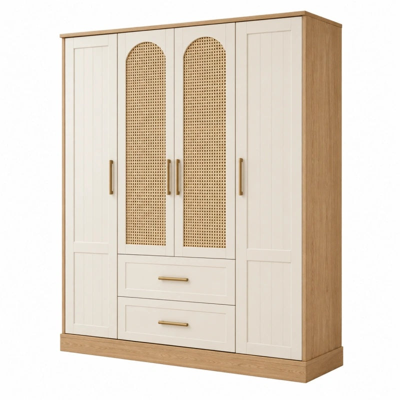 Armadio guardaroba 160 x 55 x 200 cm in legno crema e naturale con inserti in rattan e cassetti