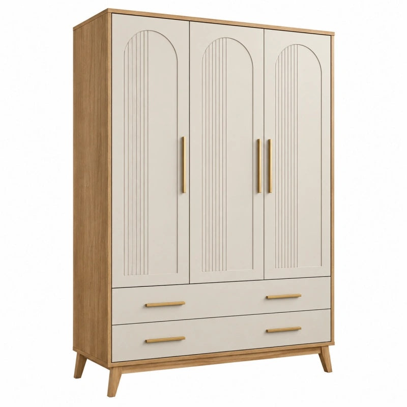 Armadio 120x50x180 cm in legno beige e naturale con 3 ante 2 cassetti stile moderno