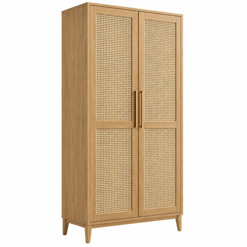 Armadio 80 x 40 x 180 cm in legno naturale con ante in rattan - stile naturale