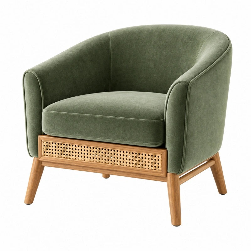 Poltrona 82 x 76 x 78 cm in velluto verde con legno e rattan - stile retrò