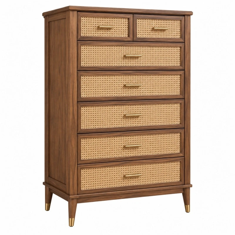 Cassettiera 80 x 40 x 120 cm in legno marrone con cassetti in rattan stile retrò