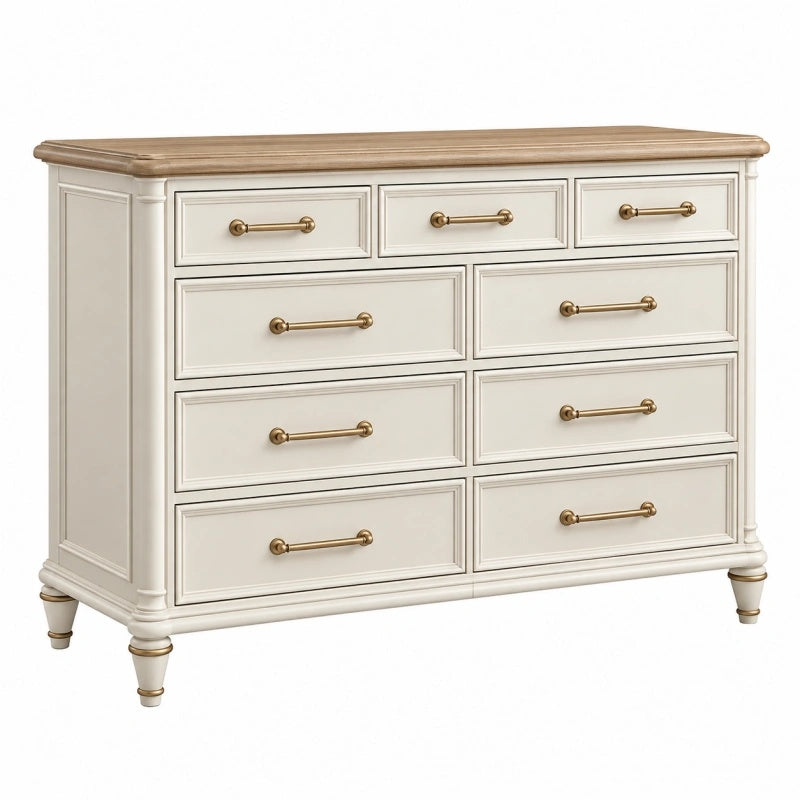 Cassettiera 150 x 45 x 95 cm in legno ingegnerizzato avorio e marrone stile classico con 9 cassetti